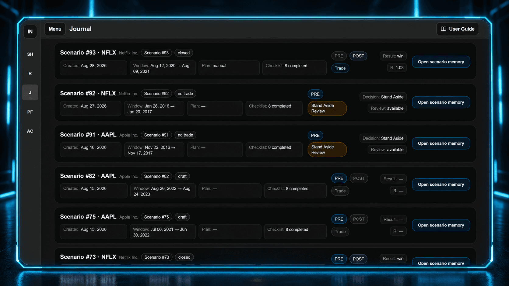Integrilis journal and scenario replay memory